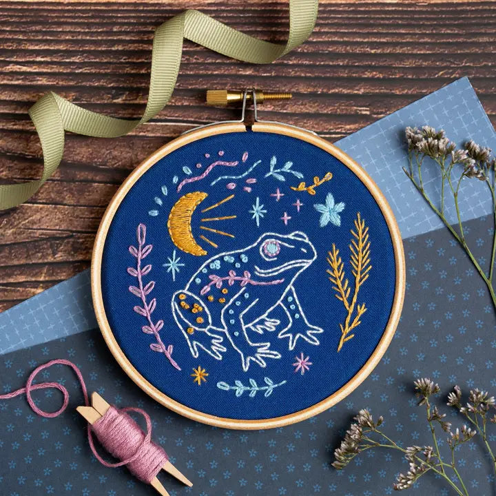 Embroidery hoop featuring blue fabric with an embroidered frog on a wooden background with ribbon, floss bobbin, and flowers.