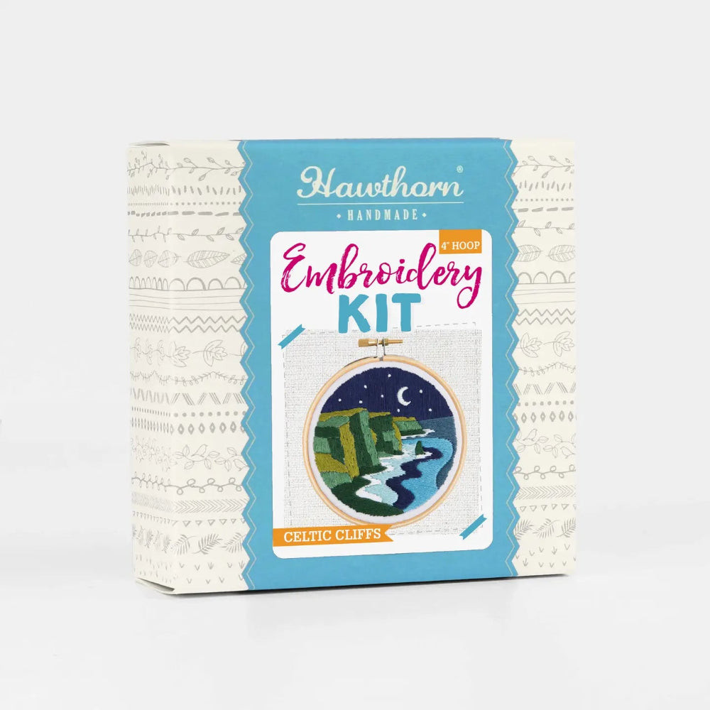 Embroidery kit packaging with 'Hawthorn Handmade' branding on a white background