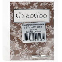 ChiaoGoo interchangeable cable adapters in a clear plastic bag with a brown floral-patterned label and a white product info sticker.