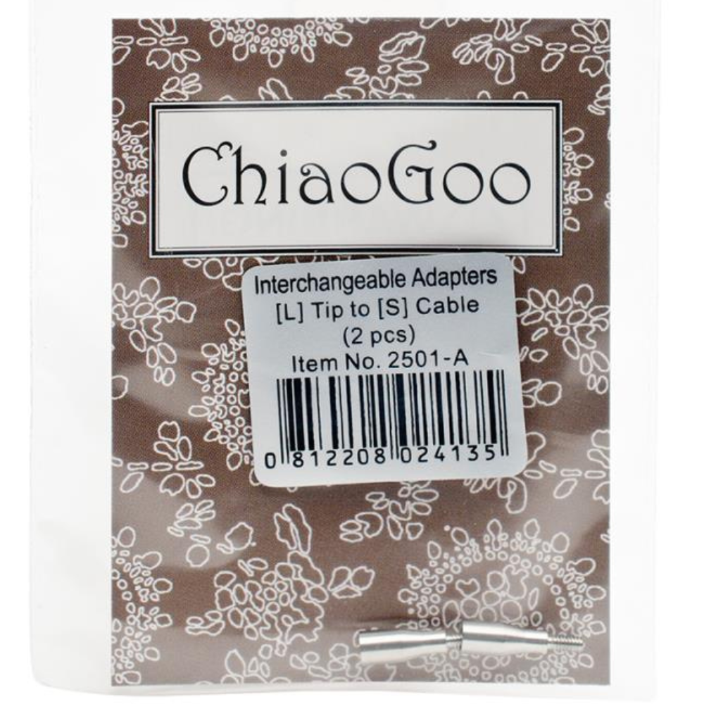 ChiaoGoo interchangeable cable adapters in a clear plastic bag with a brown floral-patterned label and a white product info sticker.