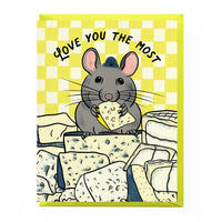 Colorful greeting card featuring an illustration of a gray mouse eating yellow cheese with the text "Love you the most"