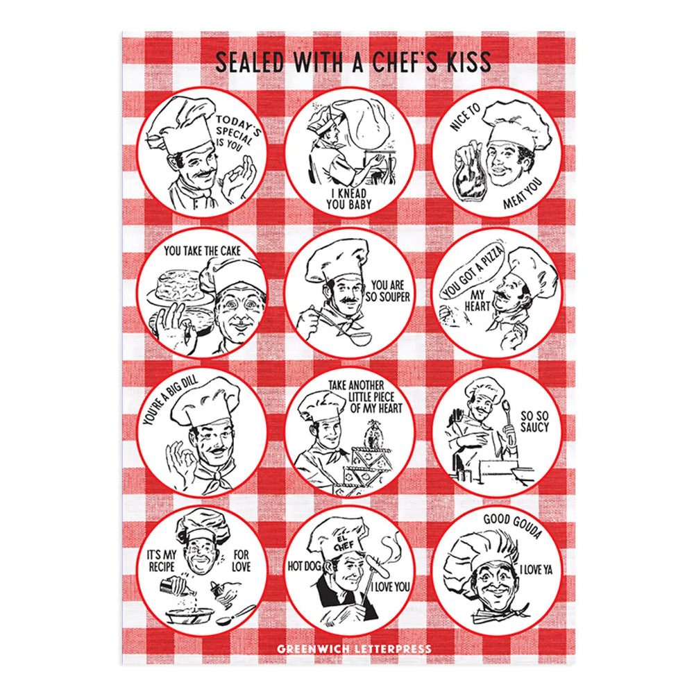 Sticker Sheet with black and white illustrations of chefs on a red and white checkered background.