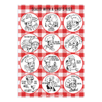 Sticker Sheet with black and white illustrations of chefs on a red and white checkered background.