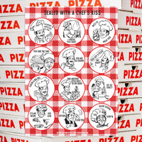 Sheet of pizza-themed stickers with cartoon chefs and text on a red and white checkered background, surrounded by pizza boxes.