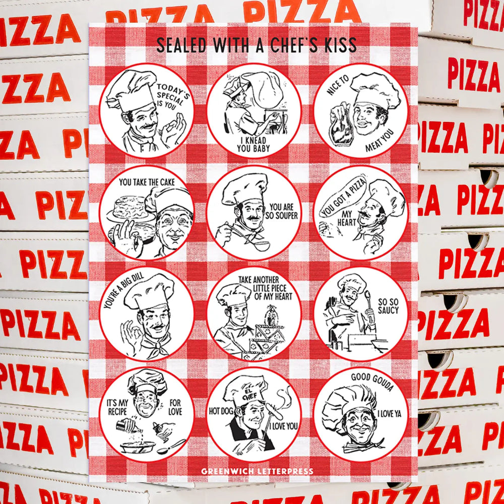 Sheet of pizza-themed stickers with cartoon chefs and text on a red and white checkered background, surrounded by pizza boxes.
