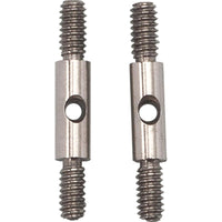 Two metal cable connectors with screw threads on either end and a hole in the middle.