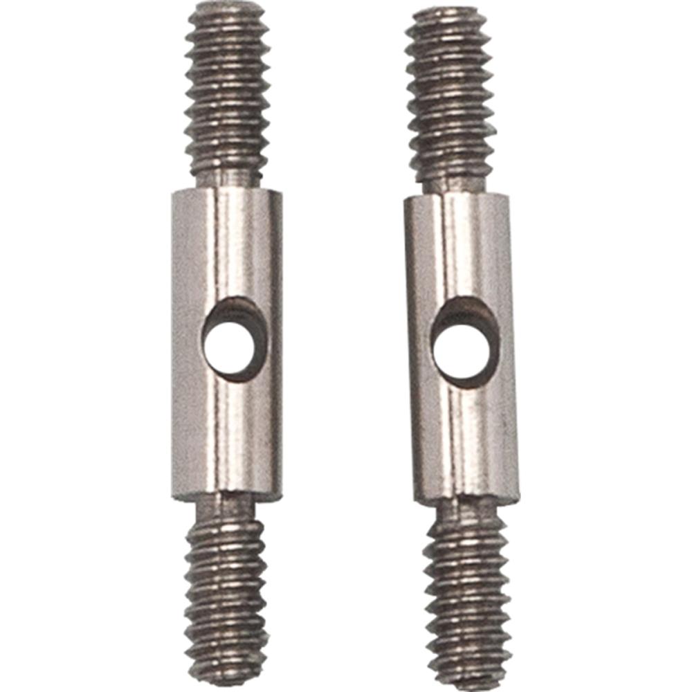 Two metal cable connectors with screw threads on either end and a hole in the middle.