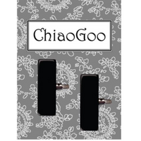 ChiaoGoo branded end stoppers for knitting needles, displayed against a patterned background.