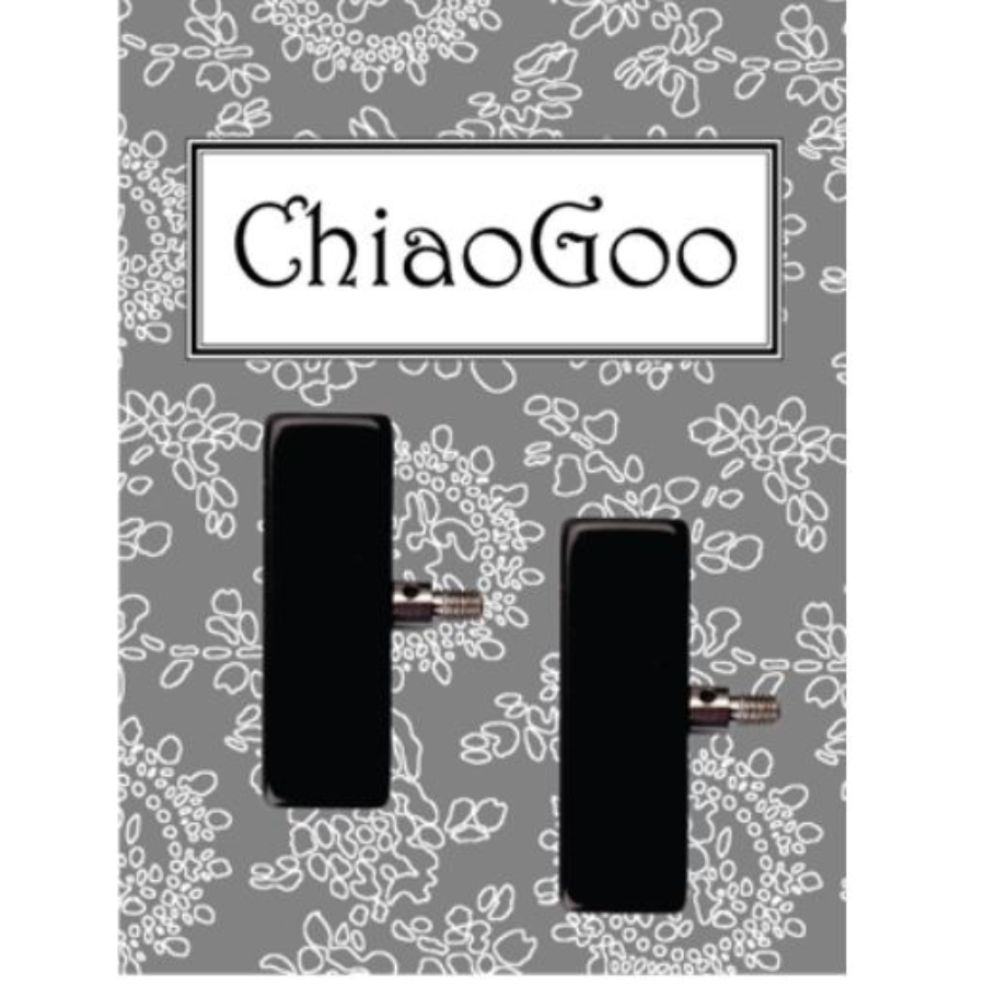 ChiaoGoo branded end stoppers for knitting needles, displayed against a patterned background.