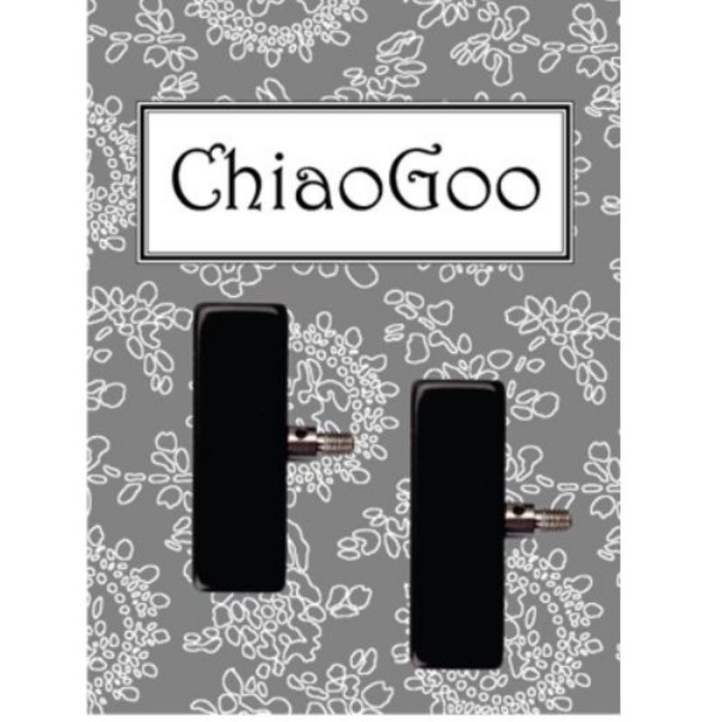 ChiaoGoo branded end stoppers for knitting needles, displayed against a patterned background.