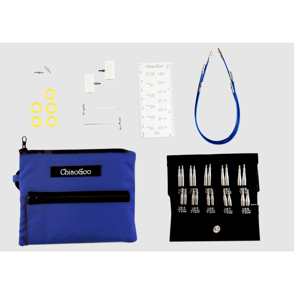 Collection of items including a blue pouch, and knitting tools on a white background