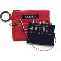 ChiaoGoo knitting needle set with red case, black holder, and various accessories on a white background.