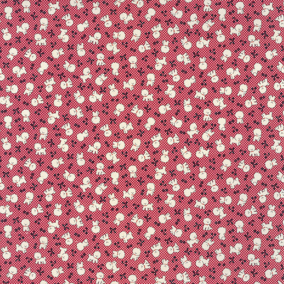 Patterned fabric featuring small white dogs and black bows on a red and white checkered background
