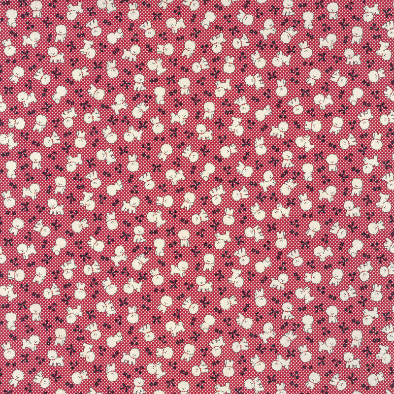 Patterned fabric featuring small white dogs and black bows on a red and white checkered background