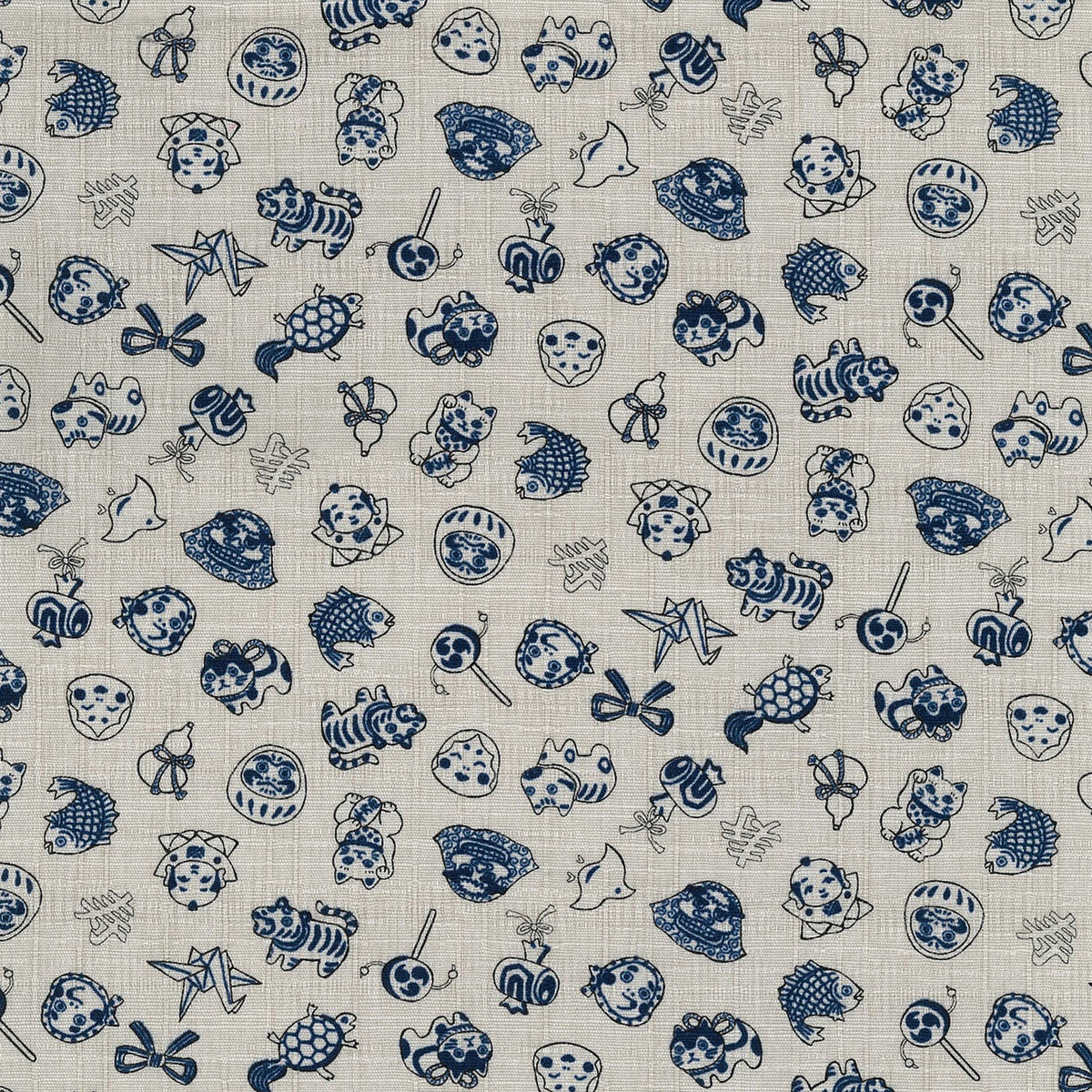 Patterned fabric featuring small images of toys and other objects in blue on a white background