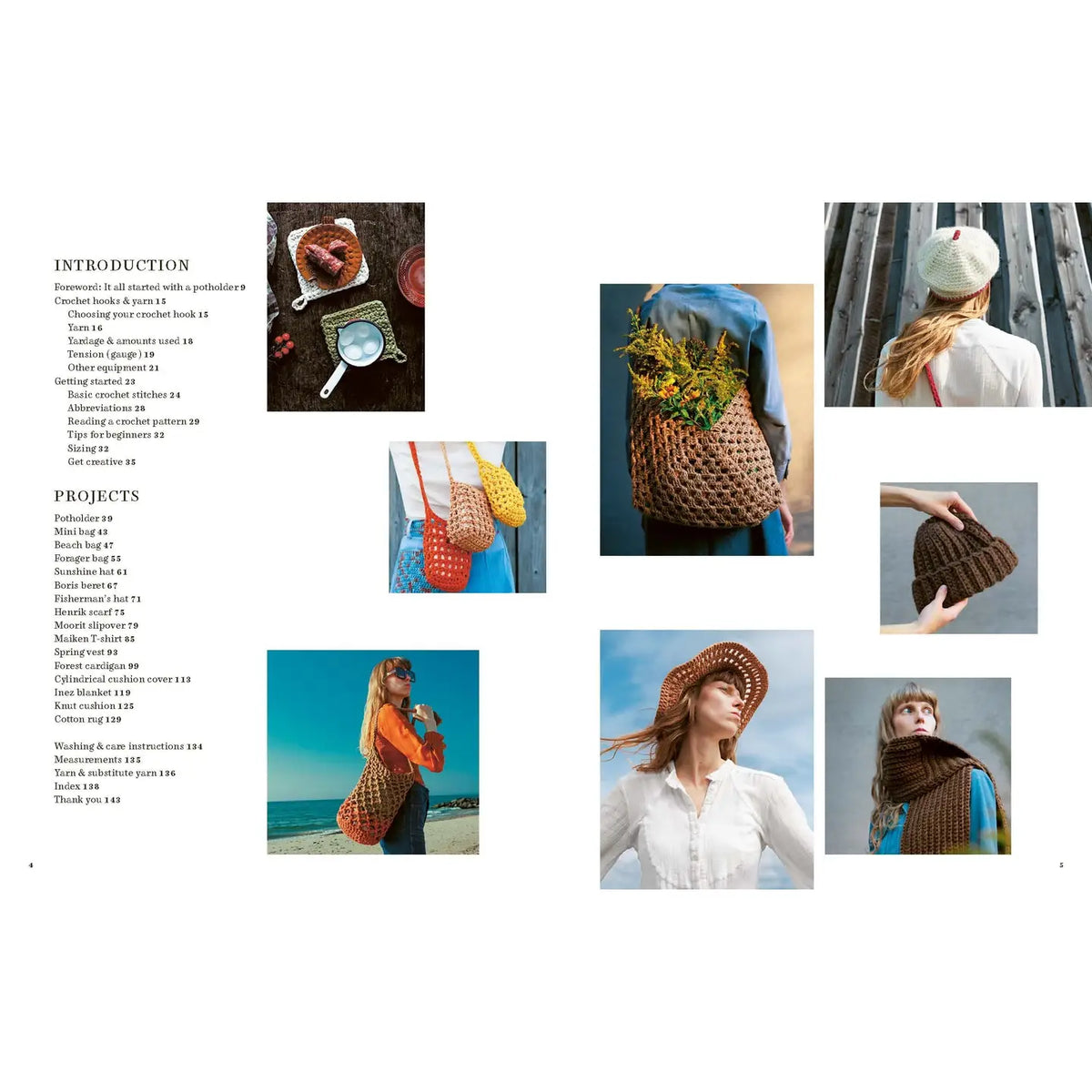 Page from a book featuring images of crocheted items and people wearing them.