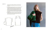 Woman wearing a green crocheted sweater over a brown crocheted top with pattern text and diagram on the left.