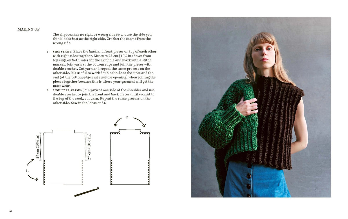 Woman wearing a green crocheted sweater over a brown crocheted top with pattern text and diagram on the left.