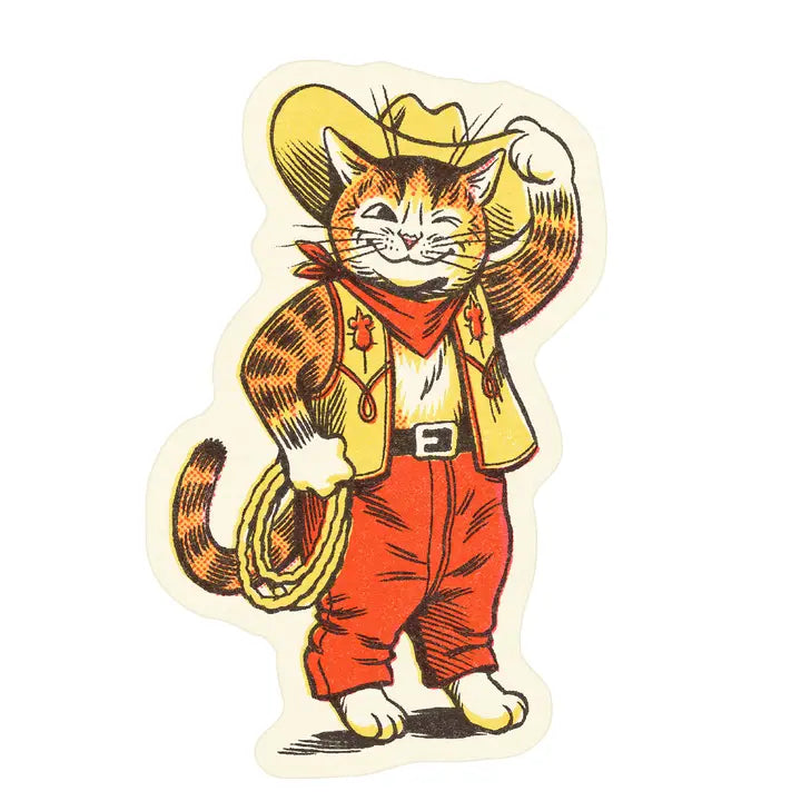 Sticker in the image of a cat wearing cowboy attire and a cowboy hat holding a lasso on a white background.