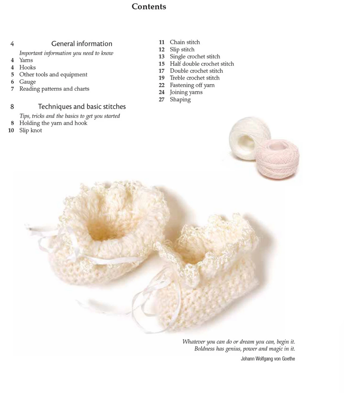 Crocheted items and text on a white background