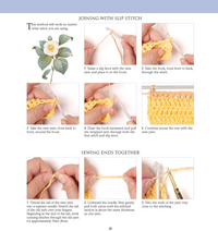 Crochet tutorial showing steps for joining with slip stitch and sewing ends together.
