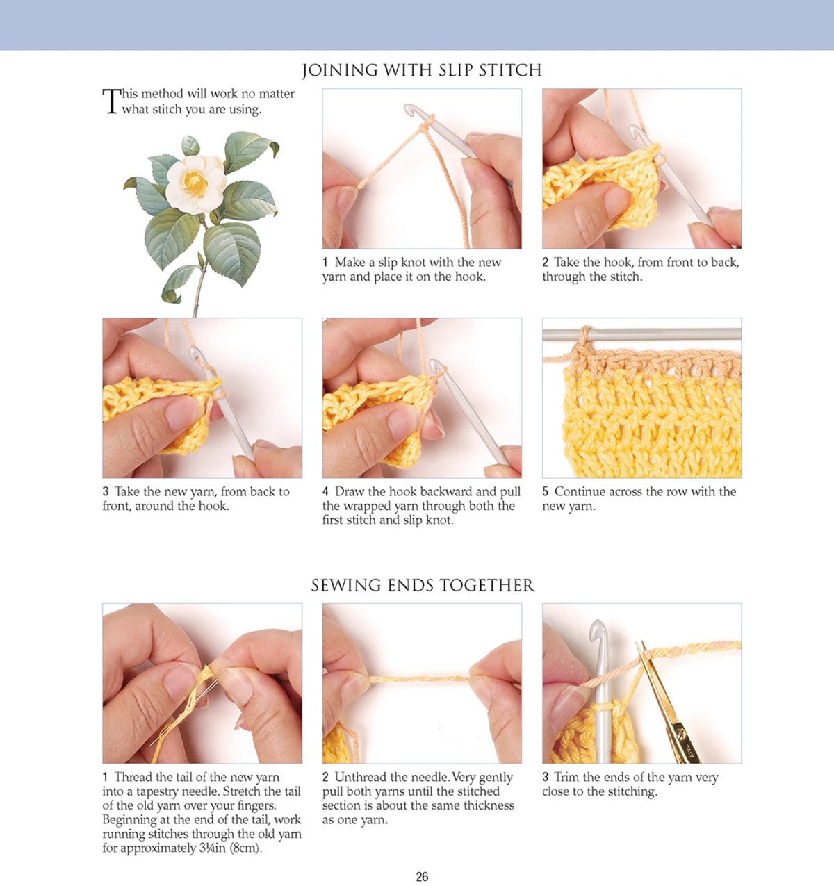 Crochet tutorial showing steps for joining with slip stitch and sewing ends together.