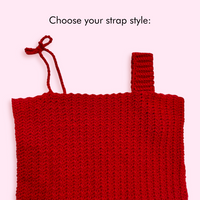 A red crochet tank top on a pink background with text that reads "choose your strap style"