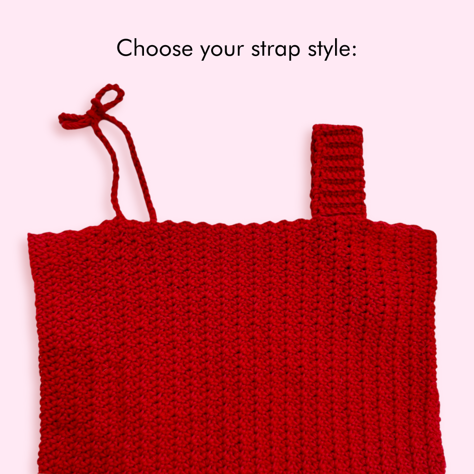 A red crochet tank top on a pink background with text that reads "choose your strap style"