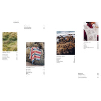 Table of contents with images of a crochet blanket, ocean, and person wearing a crochet vest.