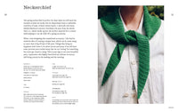 Green crocheted neckerchief worn by a person with pattern text on the left side.