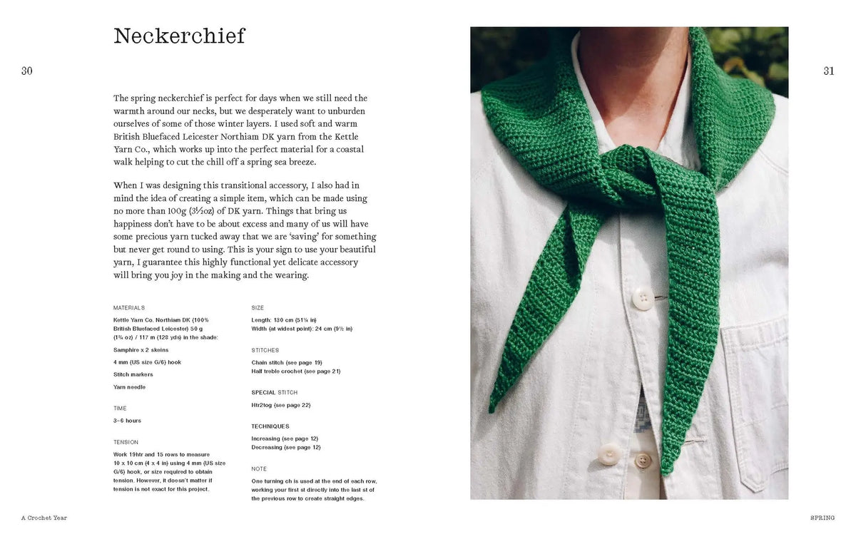 Green crocheted neckerchief worn by a person with pattern text on the left side.