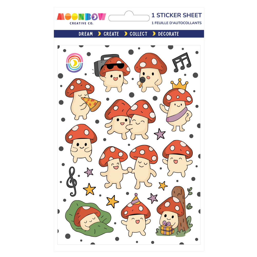 Sticker sheet with cartoon mushroom characters and accessories on a white background.