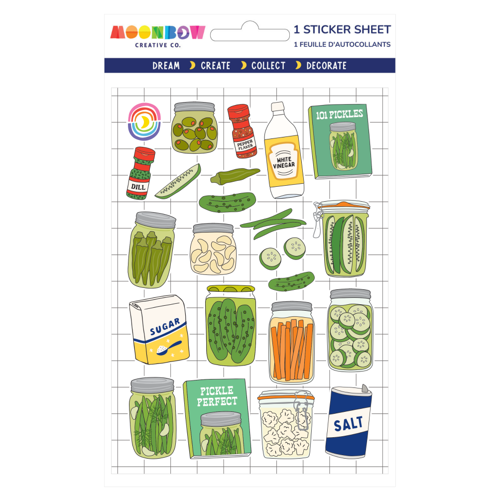 Pickle-themed sticker sheet with various pickle illustrations on a white background.