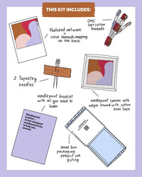 Illustration of a needlepoint kit with various components on a light purple background