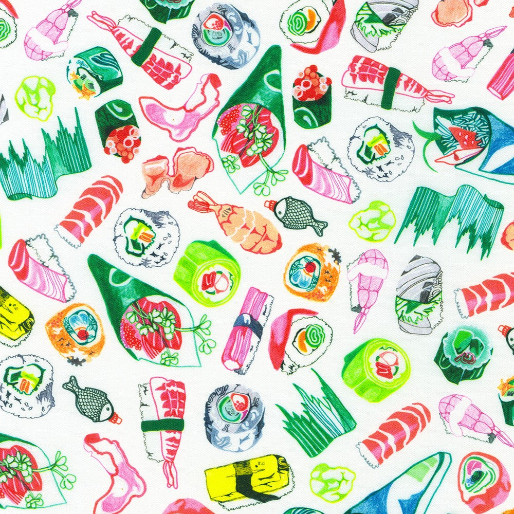 Colorful pattern of various sushi illustrations on a white background