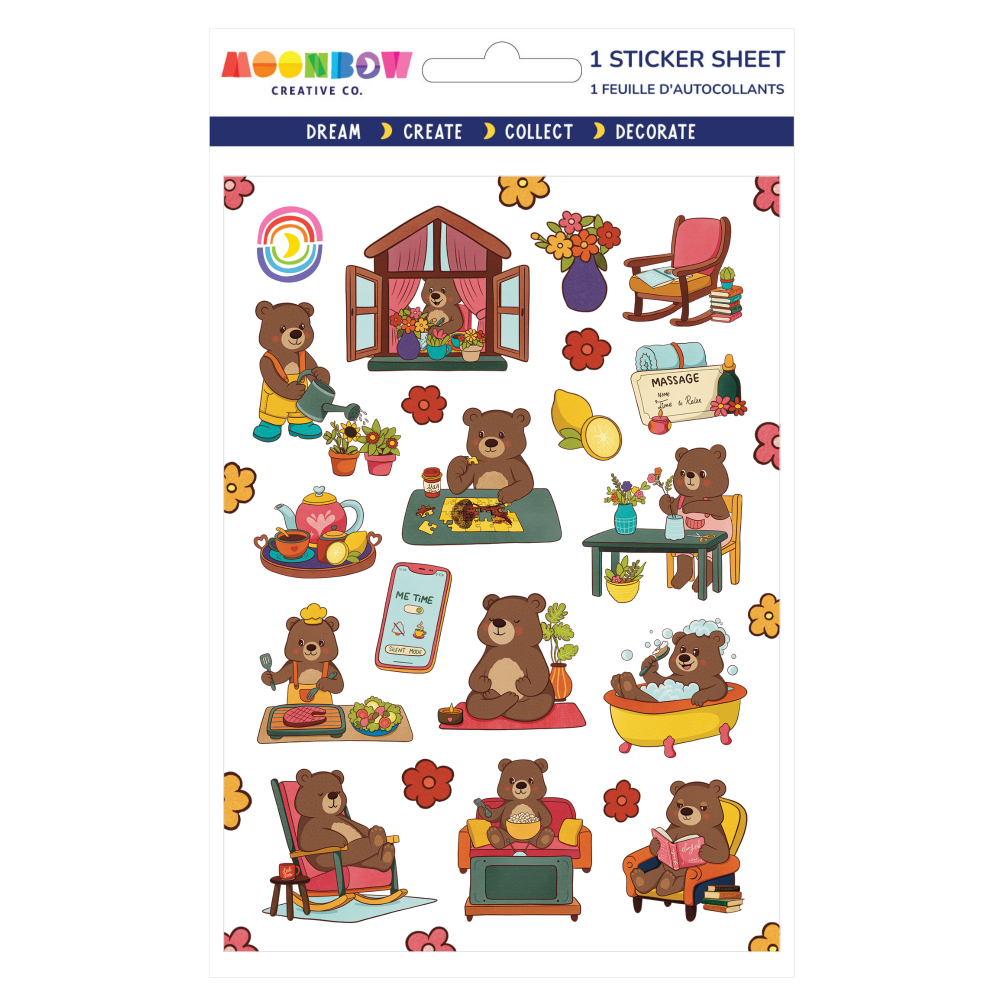 Sticker sheet with cartoon bears in various activities on a white background