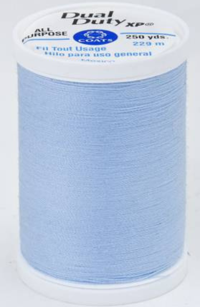 A spool of light blue Dual Duty XP sewing thread by Coats & Sons, shown on a clean white background.