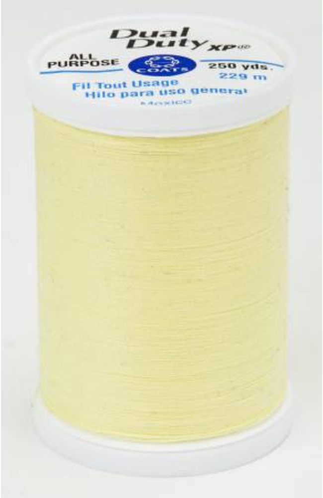 A spool of Dual Duty XP All Purpose sewing thread in pale yellow, with a white plastic top and bottom cap and a white label.