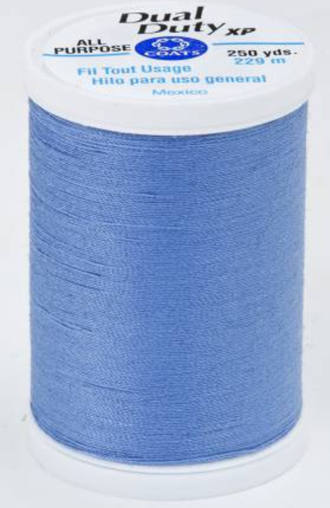 A spool of light blue sewing thread with a white top label reading 'Dual Duty XP' and '250 yds.' on a white background.