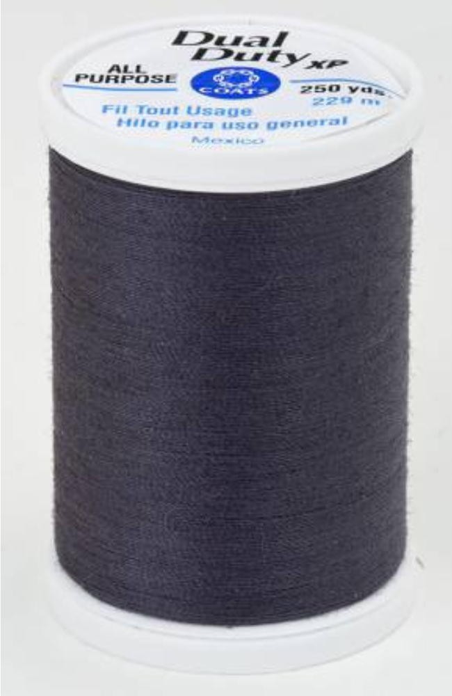 A spool of Dual Duty XP All Purpose sewing thread in a dark navy blue color, with a white plastic core and a white label.