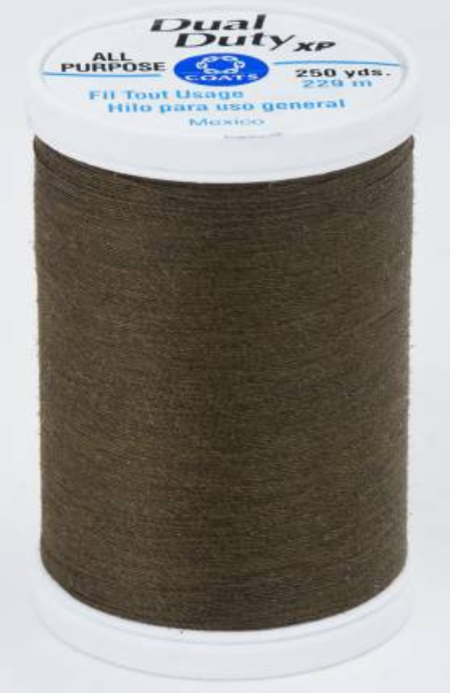A spool of dark olive green Dual Duty XP sewing thread with a white label featuring blue and black text, set against a plain white background.