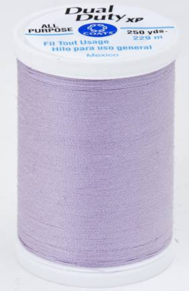 A spool of light purple sewing thread with a white plastic core and a white top label. The label reads 'Dual Duty XP' and 'All Purpose' with '250 yds' and '229 m'.