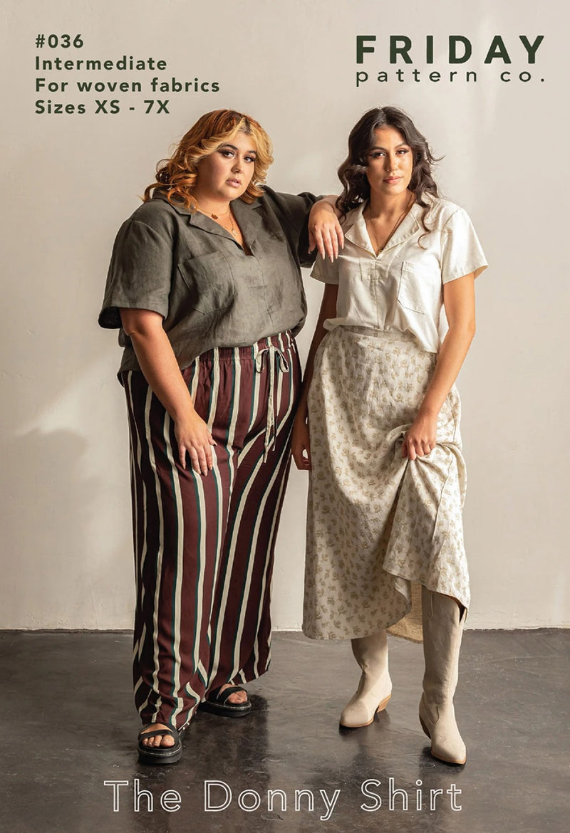 Two women wearing clothing from Friday Pattern Co. with text about fabric sizes and pattern name.