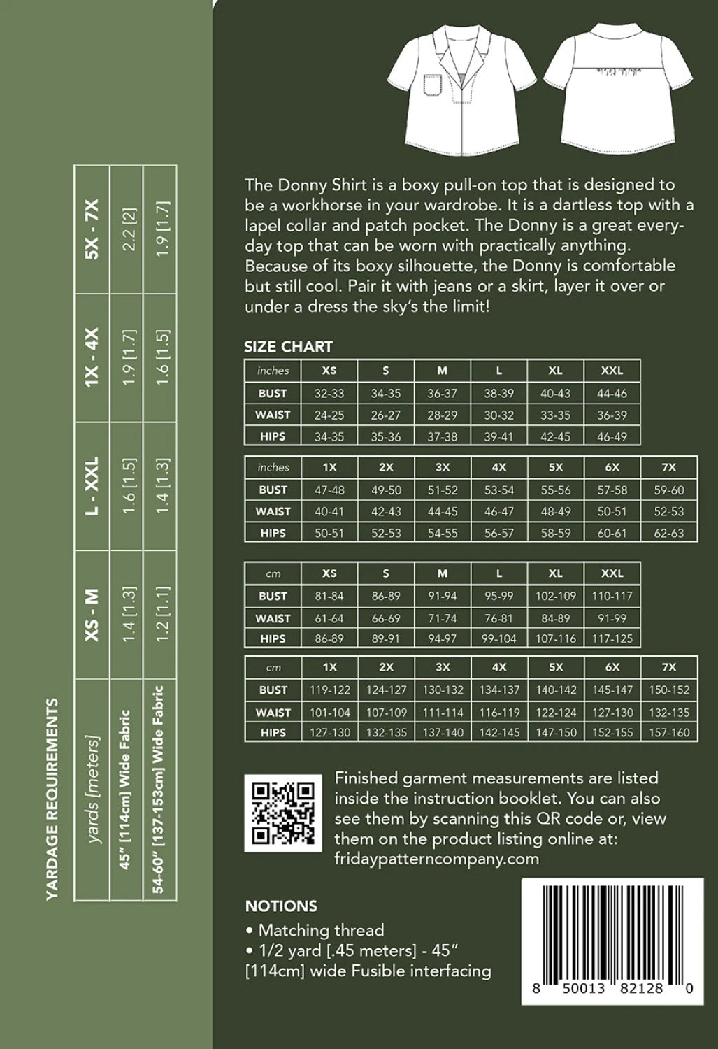 Back of the Donny Shirt pattern envelope, including size chart and shirt illustrations. 