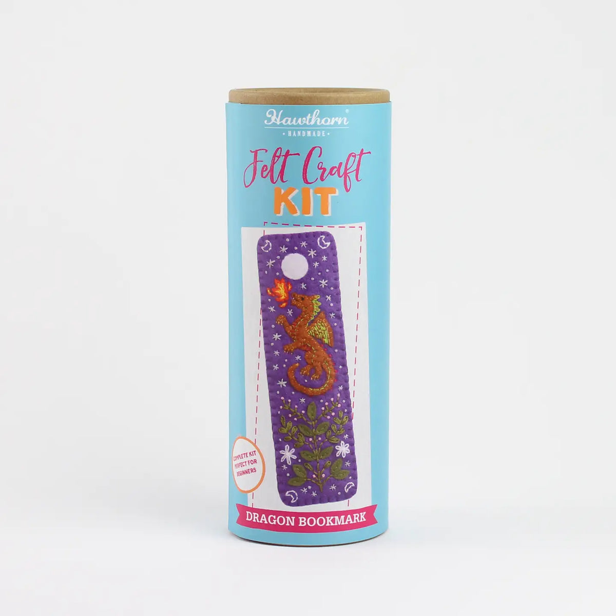 Felt craft kit for making a dragon bookmark with a blue cylindrical packaging on a white background.