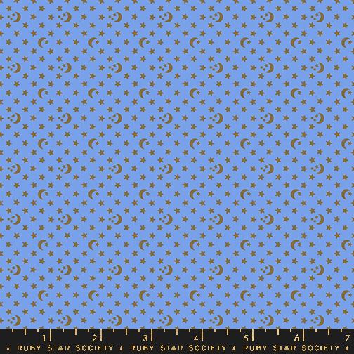 Blue fabric with brown stars and moons
