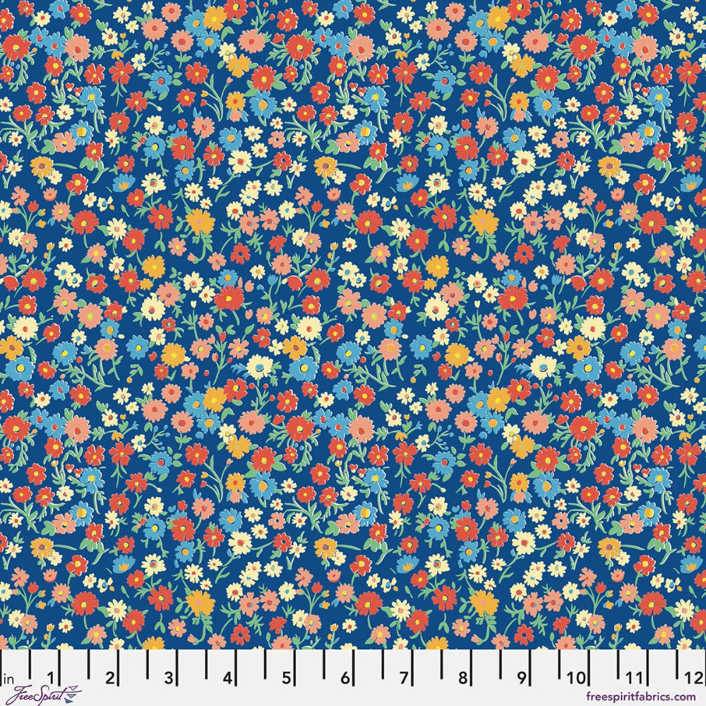 Blue fabric with multicolored flowers