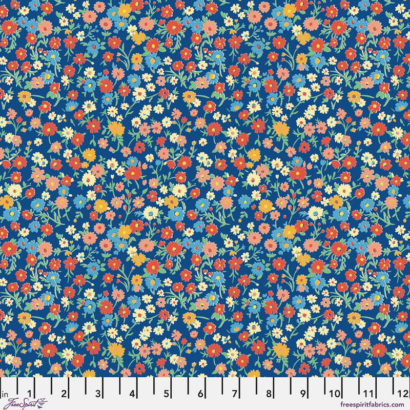Blue fabric with multicolored flowers