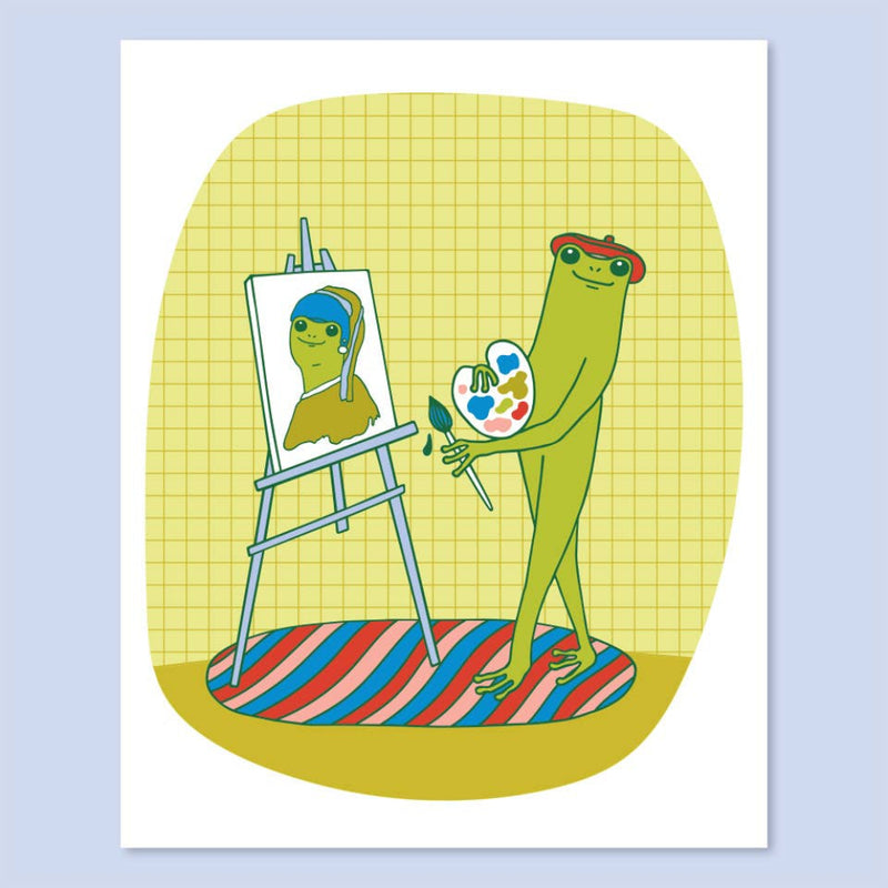 Illustration of a green creature painting itself on a yellow grid background