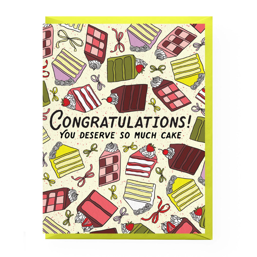 Greeting card with cake illustrations and 'Congratulations! You deserve so much cake' text on a white background.